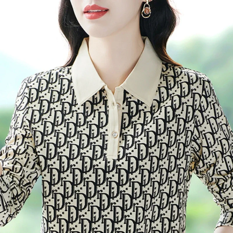

Women's Long Sleeve Polo Golf Knitted Printed T-shirt Sports T-shirts Woman Clothing Vintage turn down collar Female Tee Top