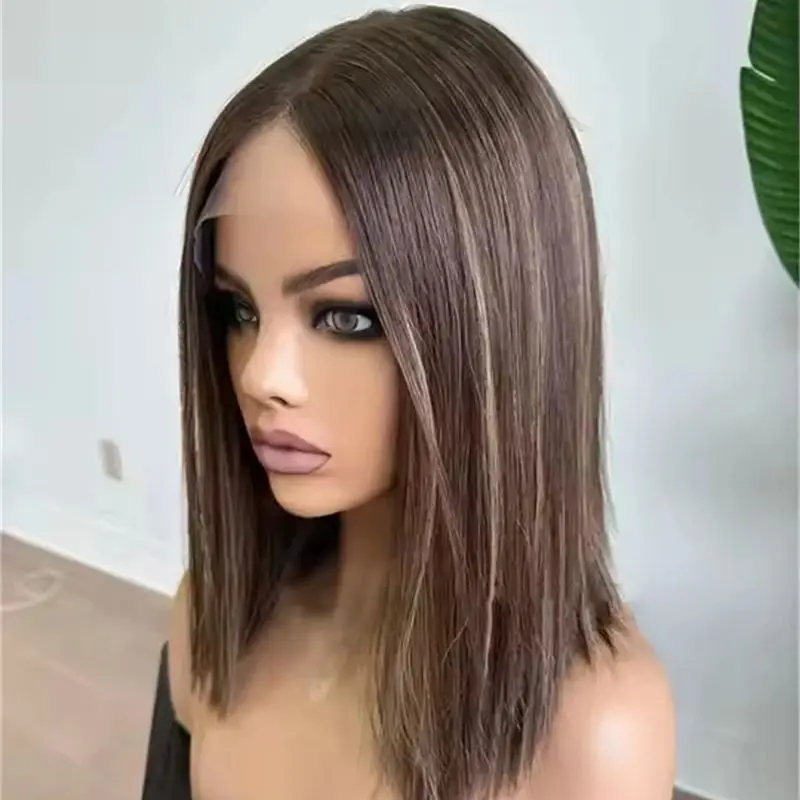 

Human Hair 100% Virgin Raw Donor Lace Frontal Wig Middle Side Parting Dark Brown with Blonde Highlights Women Glueless Lace wigs