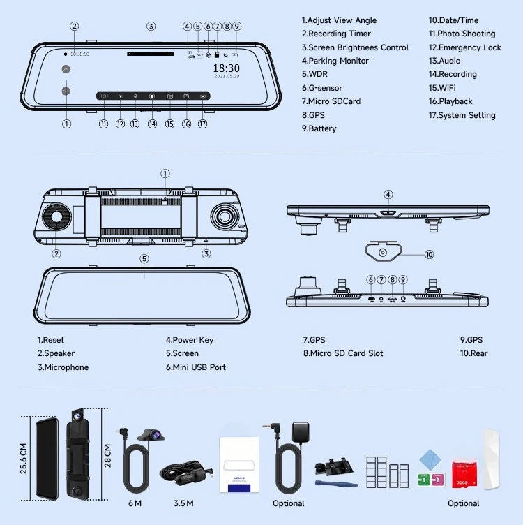 مسجل مرآة الرؤية الخلفية AR09 عدسة مزدوجة أمامية وخلفية 4K عالية الوضوح شاشة كبيرة زاوية واسعة #6
