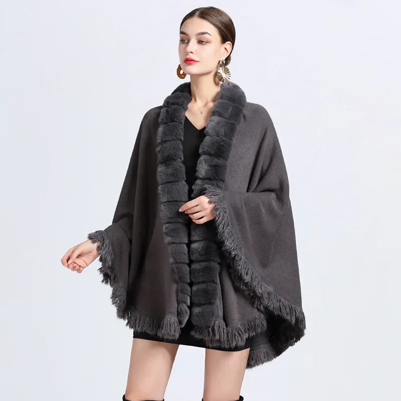 Women Winter Thick Knitted Loose Cloak Bamboo Joint Poncho Oversize Shawl Cape Faux Rabbit Fur Collar Long Tassel Outstreet Coat