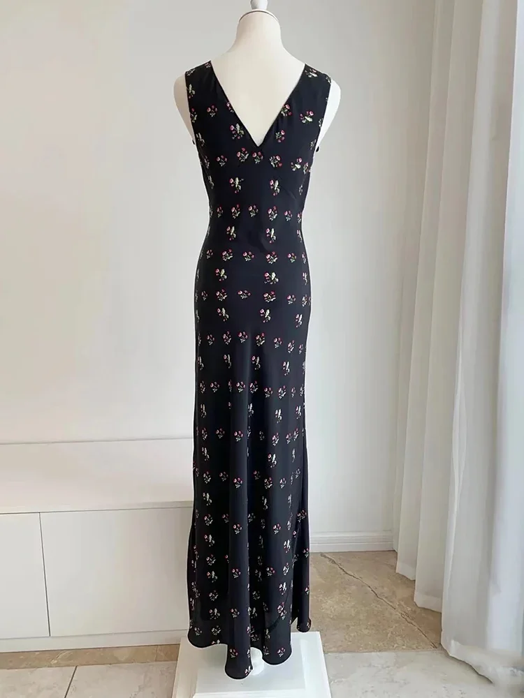 

Retro Printed Black Long Robes for Ladies Sexy Dress, Women's Retro Sleeveless Vest Dresses,French Floral Suspender Dress