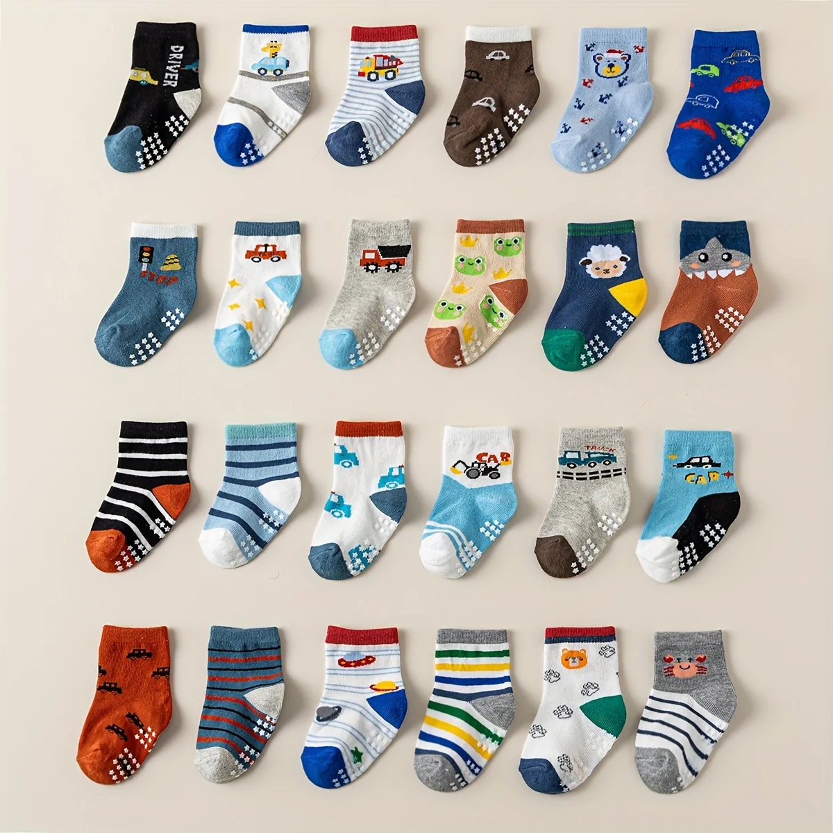 12 pairs of children's socks with car animal patterns, children's cartoon style, anti-slip dispensing, baby's daily wear