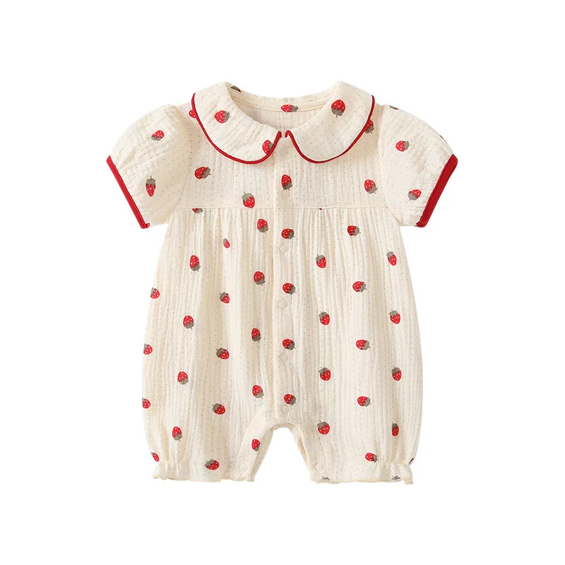 

MINISO Summer Baby Girl Strawberry Print Front Open Button Romper Short Sleeve Cotton Newborn Daily Clothes 0-1 Years Bodysuits