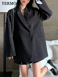 YERMORA Black Rhinestone Big Size Casual Blazer For Women Lapel Long Sleeve Fashion Tide Jacket Spring Autumn 2025 New A250