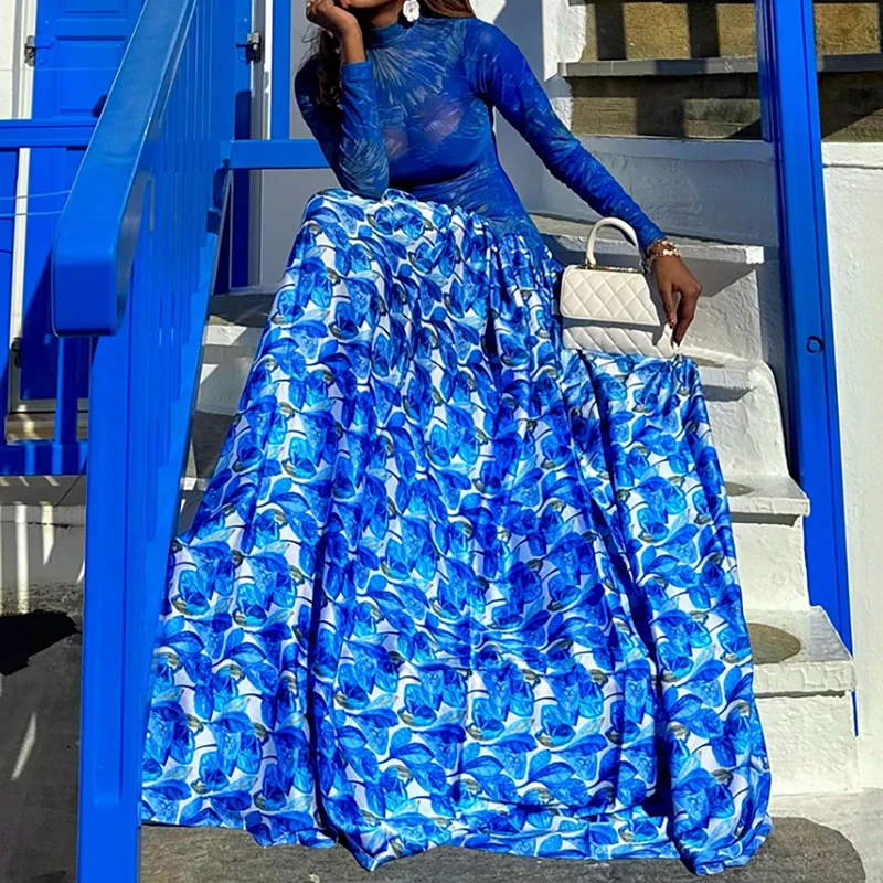 Vestido plisado informal con estampado Floral y cuello medio alto, novedad de otoño, vestido largo empalmado de manga larga para vacaciones, vestido bohe con temperamento para mujer