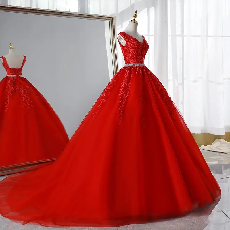 Красные кружевные платья для Quinceanera, элегантные платья для банкета и выпускного вечера, цветочное бальное платье с V-образным вырезом, стандартное платье для выпускного вечера