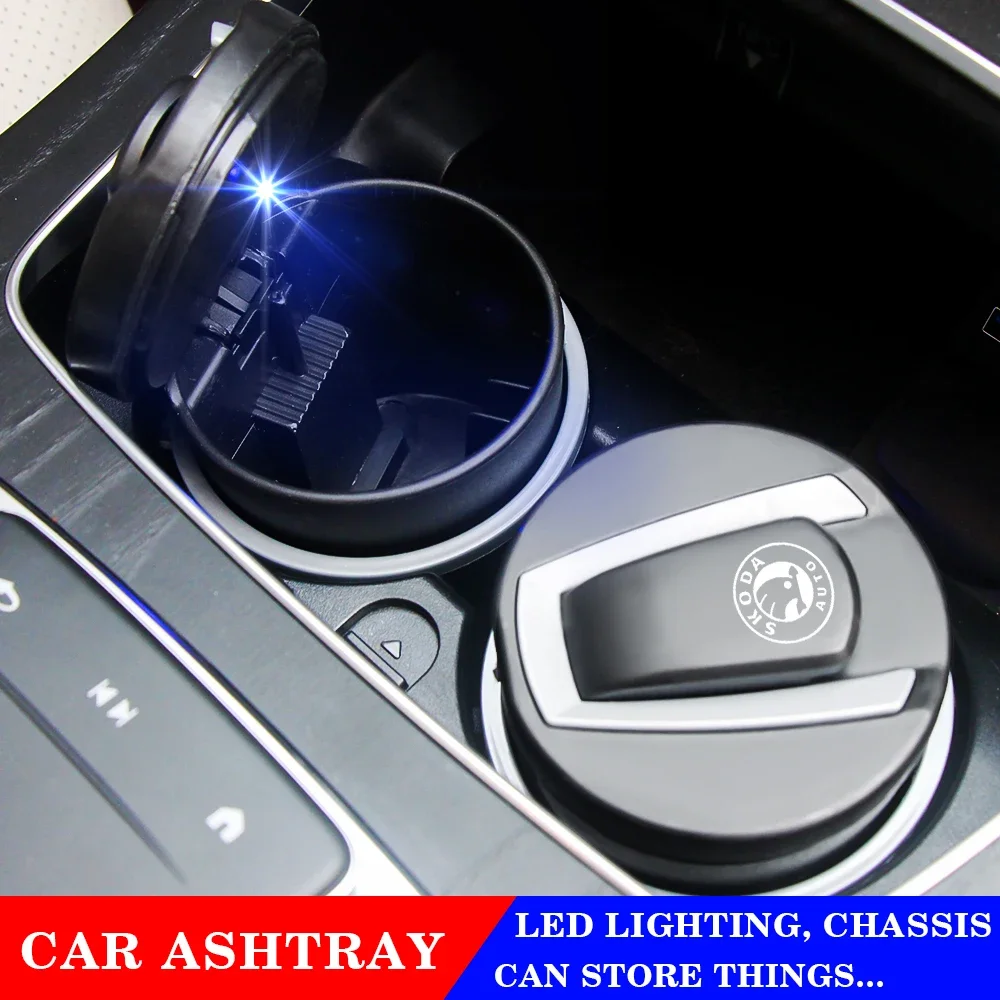 Portable Car Ashtray With LED Light  Flame Retardant Smoke Cigar  Ash Tray one Touch Open For Skoda Kamiq Fabia Kodiaq Rapid a5