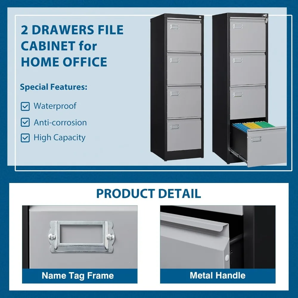 4 Drawer File Cabinet, Vertical Filing Cabinets with Lock, Metal File Cabinets for Home Office, Anti-Tip 4 Storage Drawers