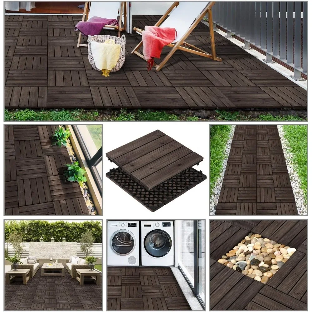 110pcs Patio Deck Tiles 12 x 12in Interlocking Wood Composite Decking Floor Tiles Fir Wood Indoor Outdoor Patio Garden