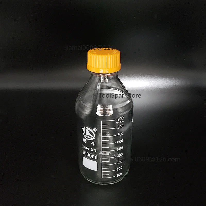 1000mL Graduated Reagent Bottle Borosilicate Glass 3.3 With Yellow Screw Cap Lab Sample Storage Container
