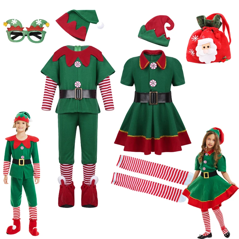 New Year Kids Santa Claus Costume Green Elf Cosplay Christmas Carnival Party Fancy Dress for Girls Boys Green Xmas Clothes Set