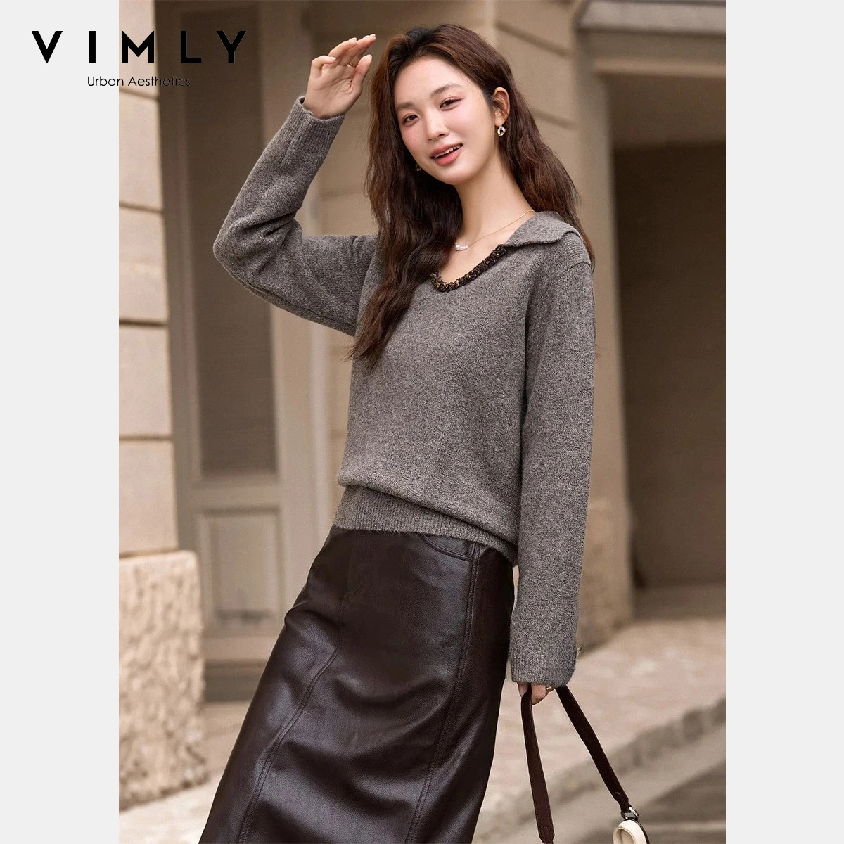 

VIMLY Chic Sweater for Women Grey 3D Woven Tape Knitwear 2025 Winter New Lapel Collar Long Sleeve Office Lady Clothing 75291