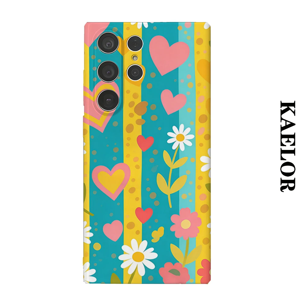 Retro Heart Daisy Stripe Durable Shiny Double-layer Case for Samsung S26 Ultra S25 S24 S23 Plus Anti-drop Resistant Cover