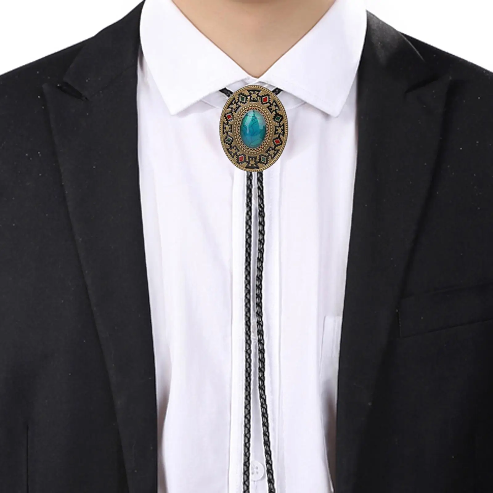 

Western Cowboy Bolo Tie Turquoise Stone Rodeo Dance Necktie Leather Rope