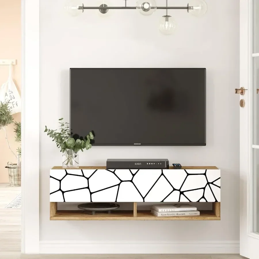 TV Unit for living room, cobble pine wood, white UV print finish, 40 inches floating entertainment unit with sleek modern desig