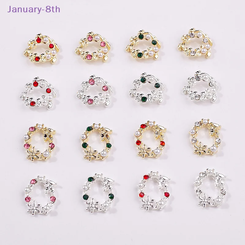 5Pcs Mocha Flower Wreath Pearl Zircon Nail Art Charms Rhinestone Christmas Wreath Design Crystals Jewelry Nail Art Decoration