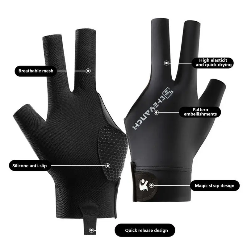 Guante de billar para mano izquierda y derecha, guantes de entrenamiento de billar de tres dedos, antideslizantes, elásticos, accesorios