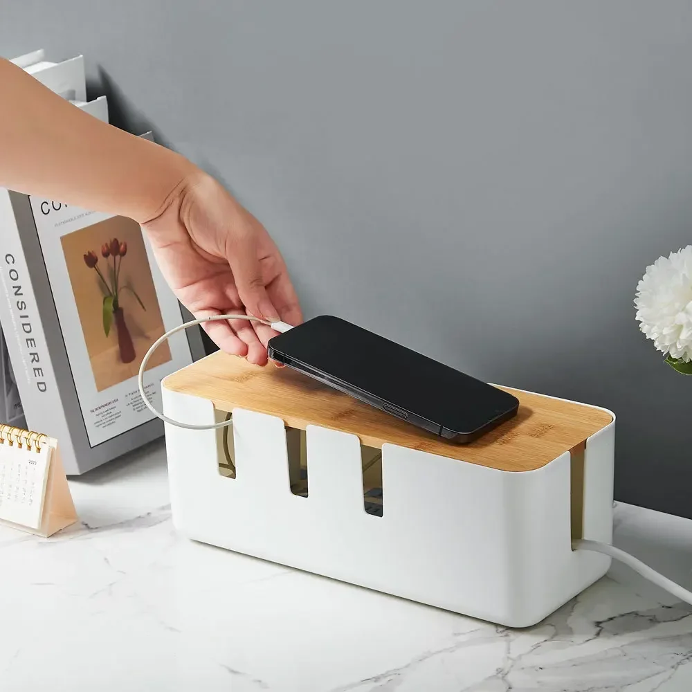 Desktop Cable Storage Box Seven-hole Bamboo Wood Power Line Wire Management Organizer Charger Socket Network Line Storage Bin