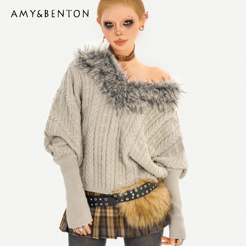 

Original Design Gray Plush V-Neck Batwing Women's Sweater 2025 Autumn Winter New Knitted Vintage Off-Shoulder Pullover Ladies