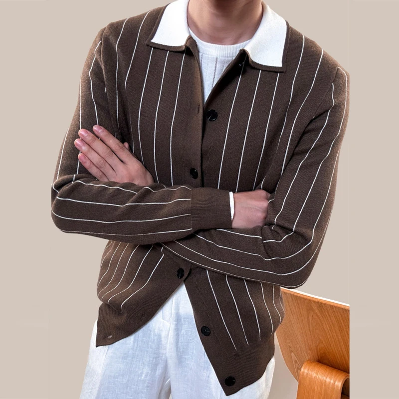 Men Sweater Cardigan Autumn Striped Shirt Collar Knitting Sweaters Winter Warm Coat Men Long Sleeved Cardigan High-end Sweater