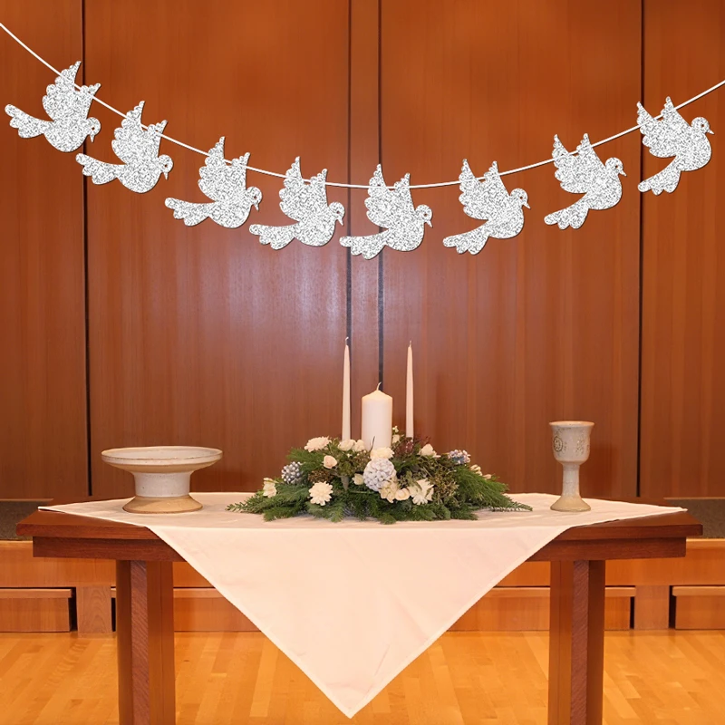 YOMDID Glitter Dove Banner Dove Party Banner Hanging Decoration For Baptism First-communion Confirmation Garland Party Supplies