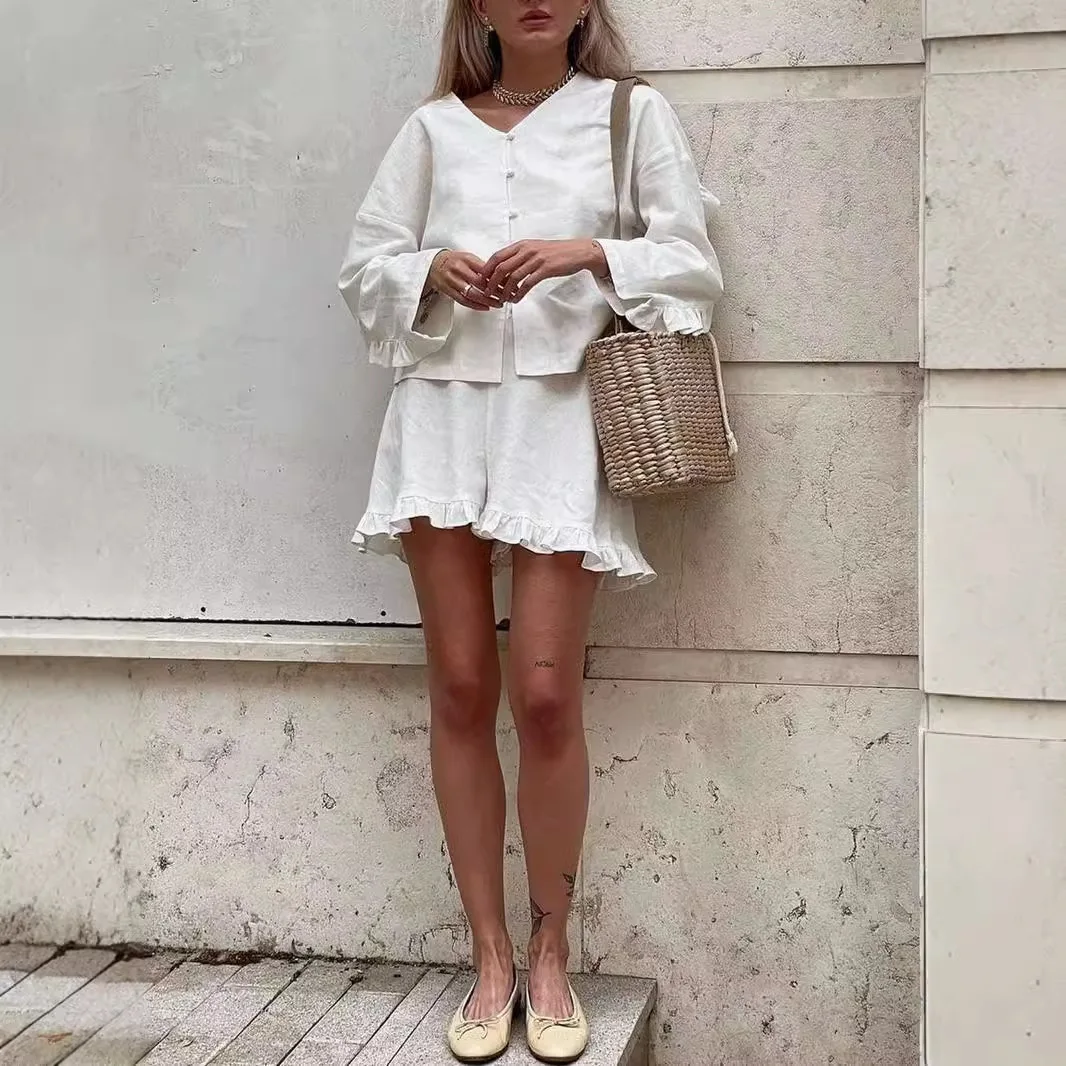 

Summer New Cotton Linen Ruffled Decorative Shorts Set Casual Two-Piece Independent Station plus Size Women's Fashion