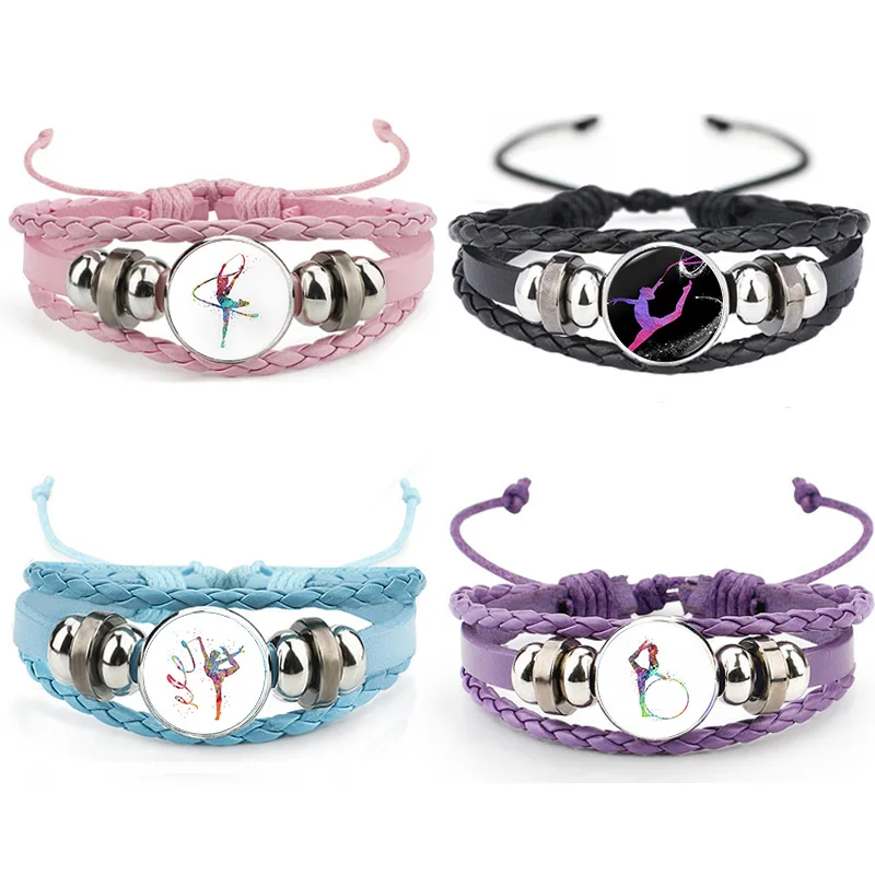 New Gymnast Theme Leather Bracelets Artistic Athlete Motif Round Glass Handmade Bracelet for Girl Women Souvenir Jewelry Gift