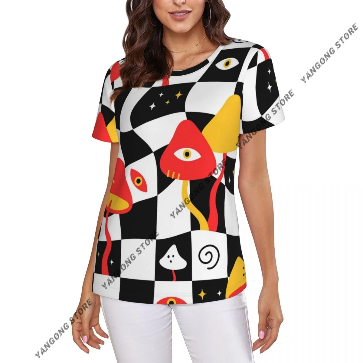 T Shirt Women Trippy Mushrooms With Eyes On Melt Geometry Tee Shirt Casual Round Neck Short Sleeve Streetwear Female T-Shirt
