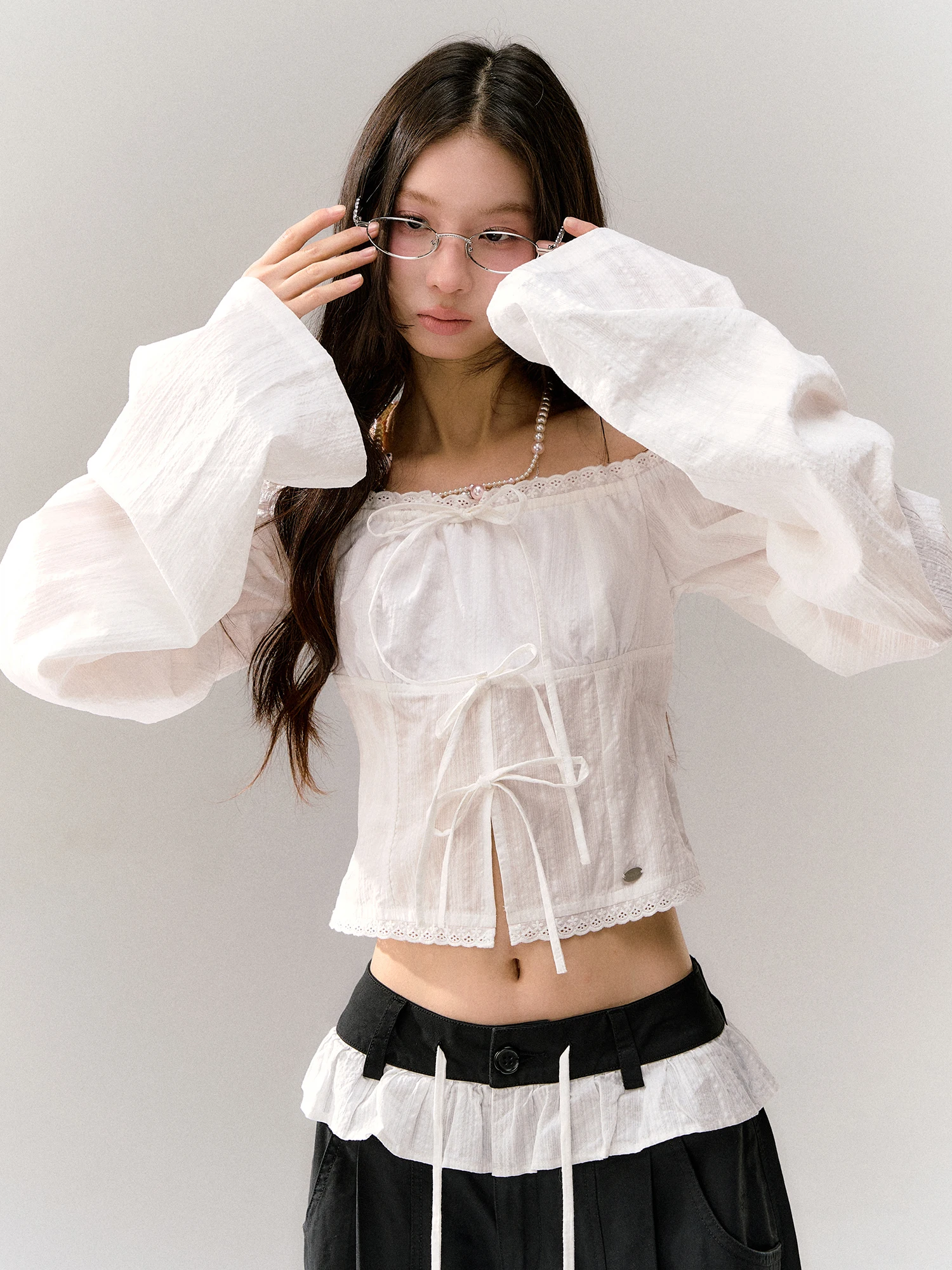 Guukahero White One-Shoulder Short-Length Long-Sleeve Shirt for Women Beautiful  Shoulder Top Princess Fit  Knot