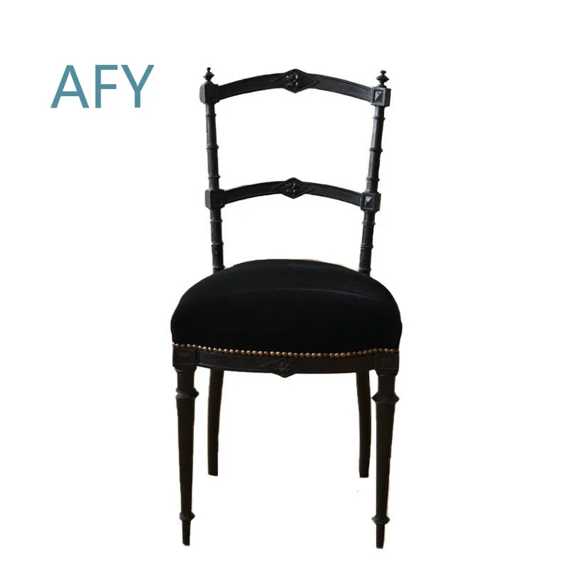 Home French Black Solid Wood Dining Chair for Small Apartment Living Room Retro Wabi Sabi Style Upholstered Dining Chair for