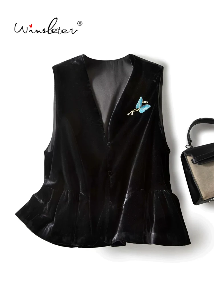 Winsleter-Silk Velvet Elegant Vest Coat, V Neck Butterfly, Women Vintage Temperament Chic Waistcoat, 2026 Autumn New C69073CC