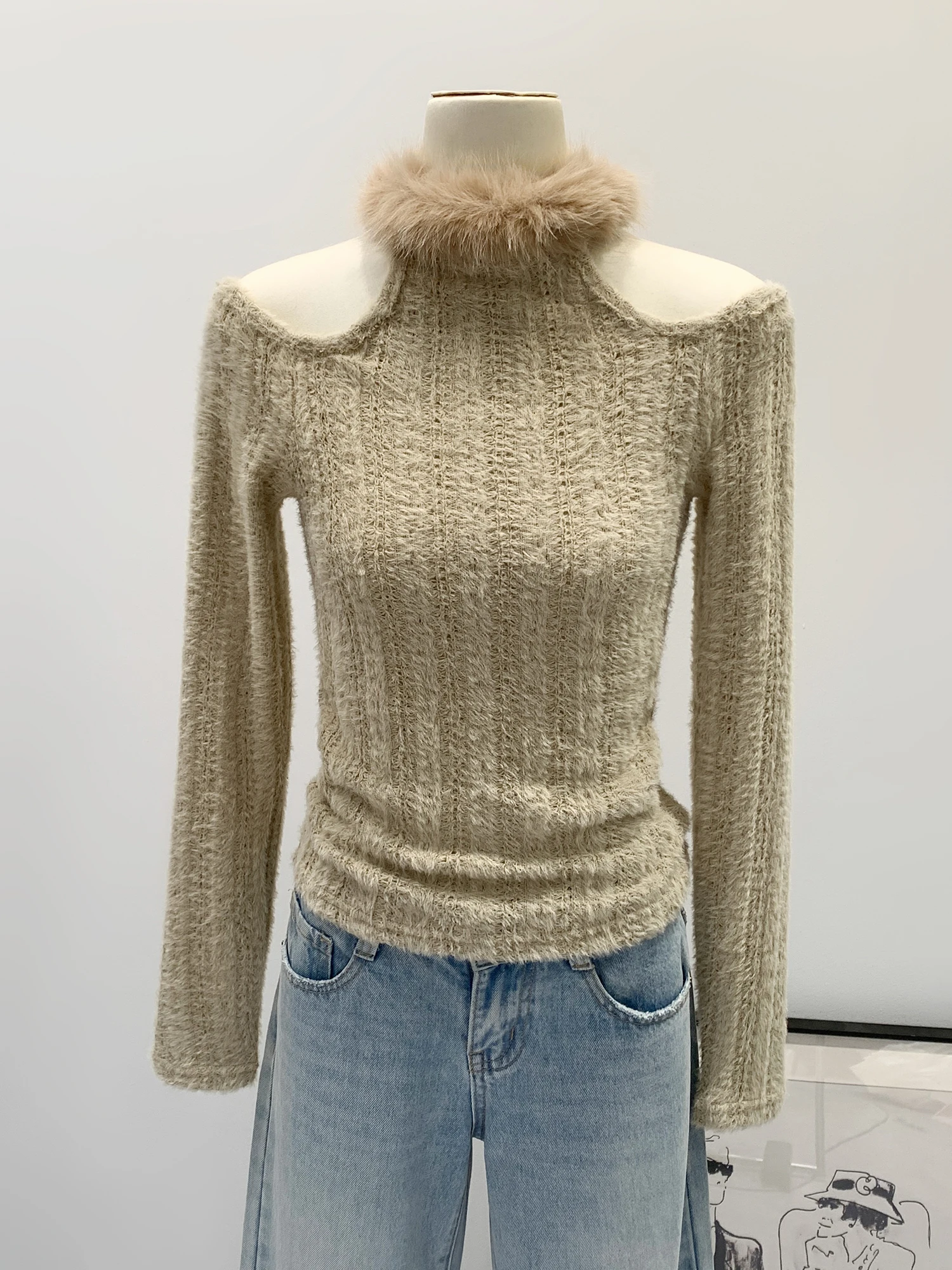 

Shoulder Bared Knitted Sweater Women's Slim Fit High Collar Inner Wear Grey Winter New Style Korean Version Commute Style