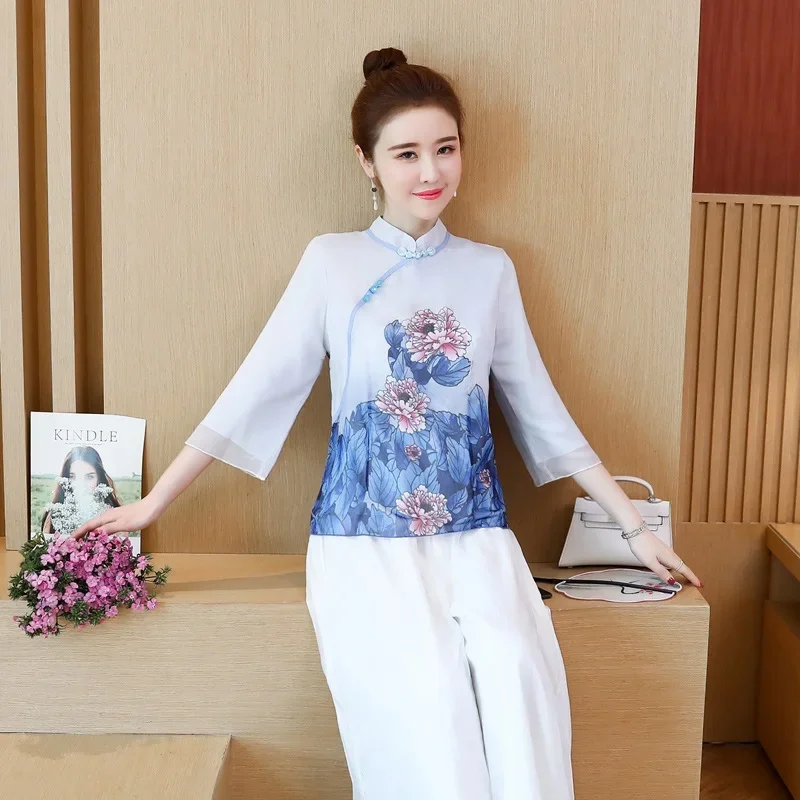 Ladies Chinese Tops Hanfu Floral Print Vintage Shirt Tang Suit Literary Cheongsam Top Chinese Style Clothing Women 11127