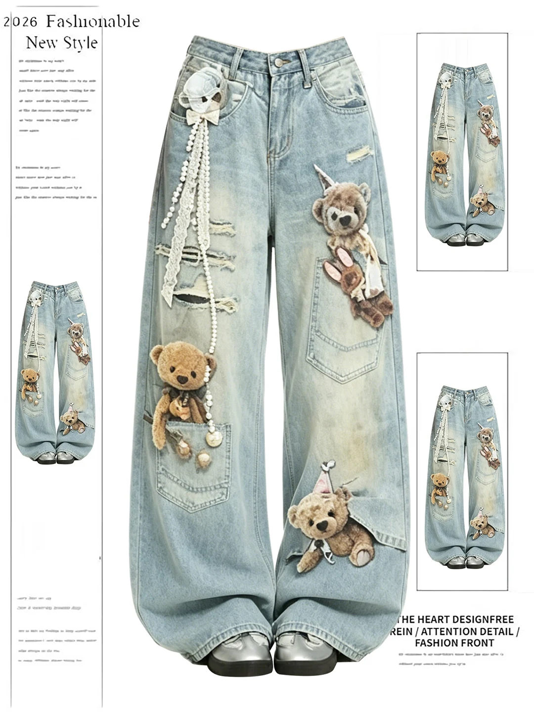 

American Retro Bear Print Denim Jeans Women Summer New Age Reduction Design Wide Leg Pants Trendy High Waist Tear Resistant S...