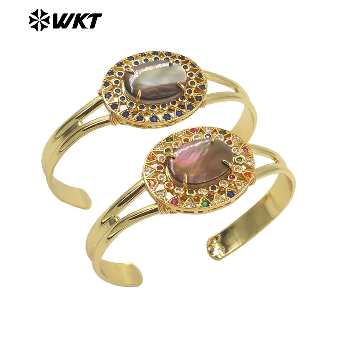 

WT-MB126 Amazing New Design Fashion Gold Plated Oval Grey Shell With Colorful Cubic Zircon Women Bangle In Adjutable