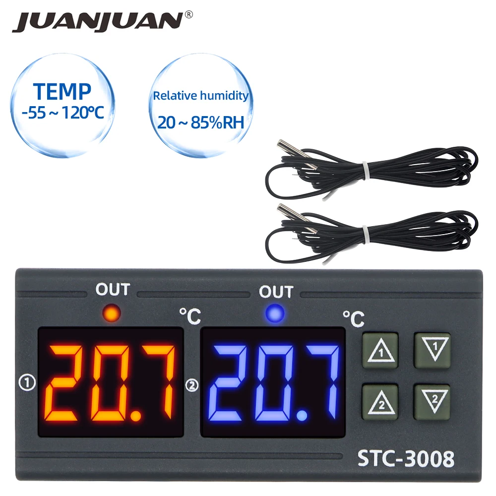 STC-3008 Thermometer Digital Temperature Controller Dual Hygrometer Heating Cooling Two Relay Output AC Relay