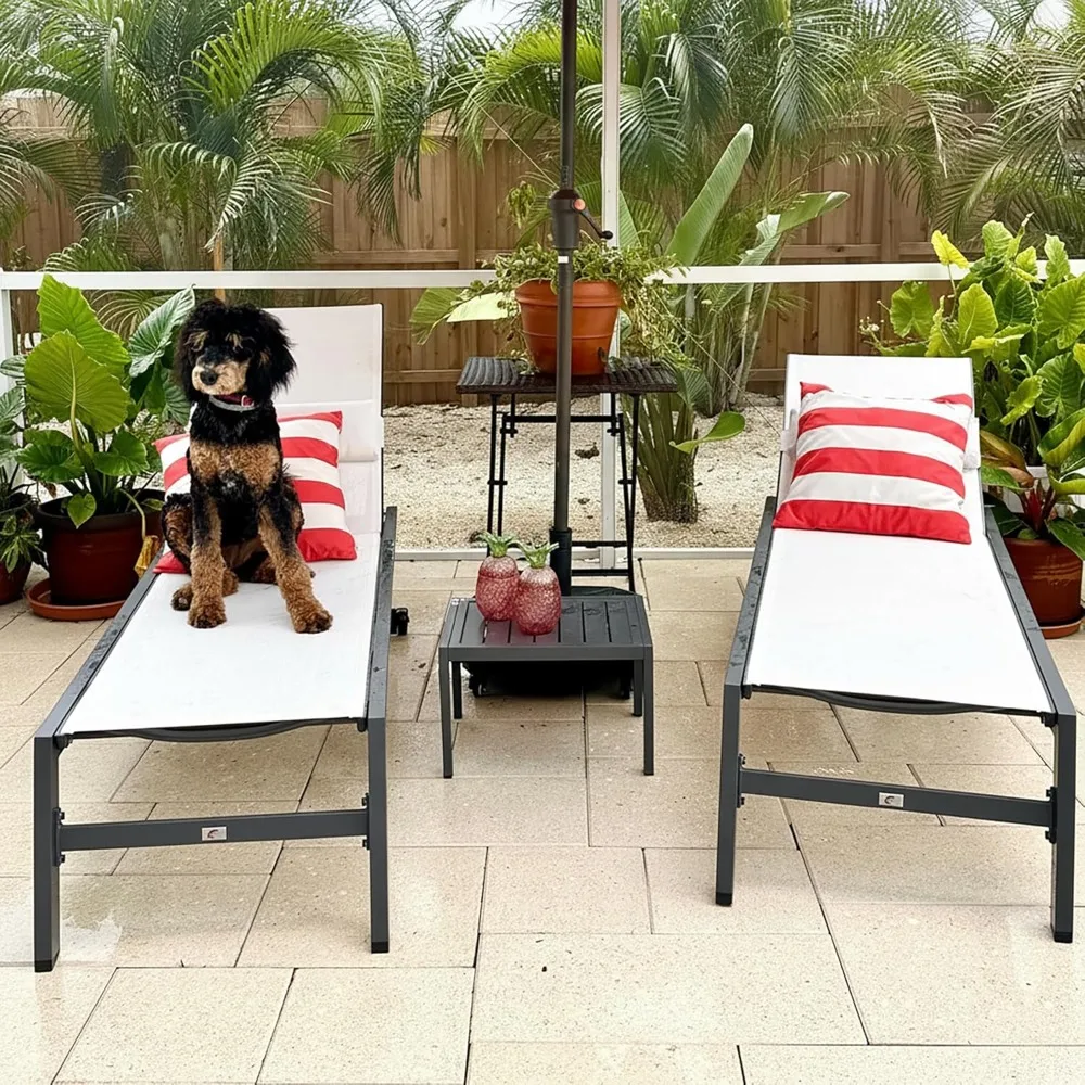 

Outdoor Lounge Chair Set of 3 Patio Chaise Pool Lounger Aluminum Frame with Side Table and Wheels for Outside, Customized