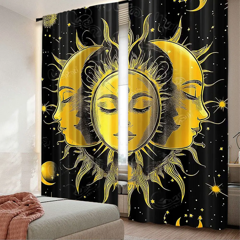 2Pcs Sun And Moon Curtain Traditional Bohemian Wizard Divination Tarot Black Golden Suitable For Bedroom Living Room Dining Room