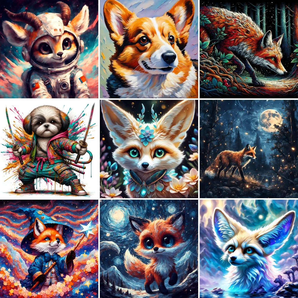 Animal Dog Fox Printed Fabric Cross-Stitch Embroidery Set DMC Threads Handiwork Handicraft Sewing Craft Different Design Needle