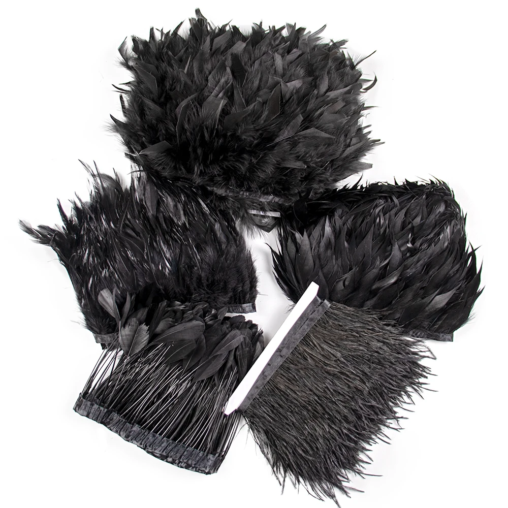 1 Yard Natural Feathers Trims Fringe Black Natural Goose Ostrich Chicken Feathers Ribbon Lace for Party Dress Sewing Decor