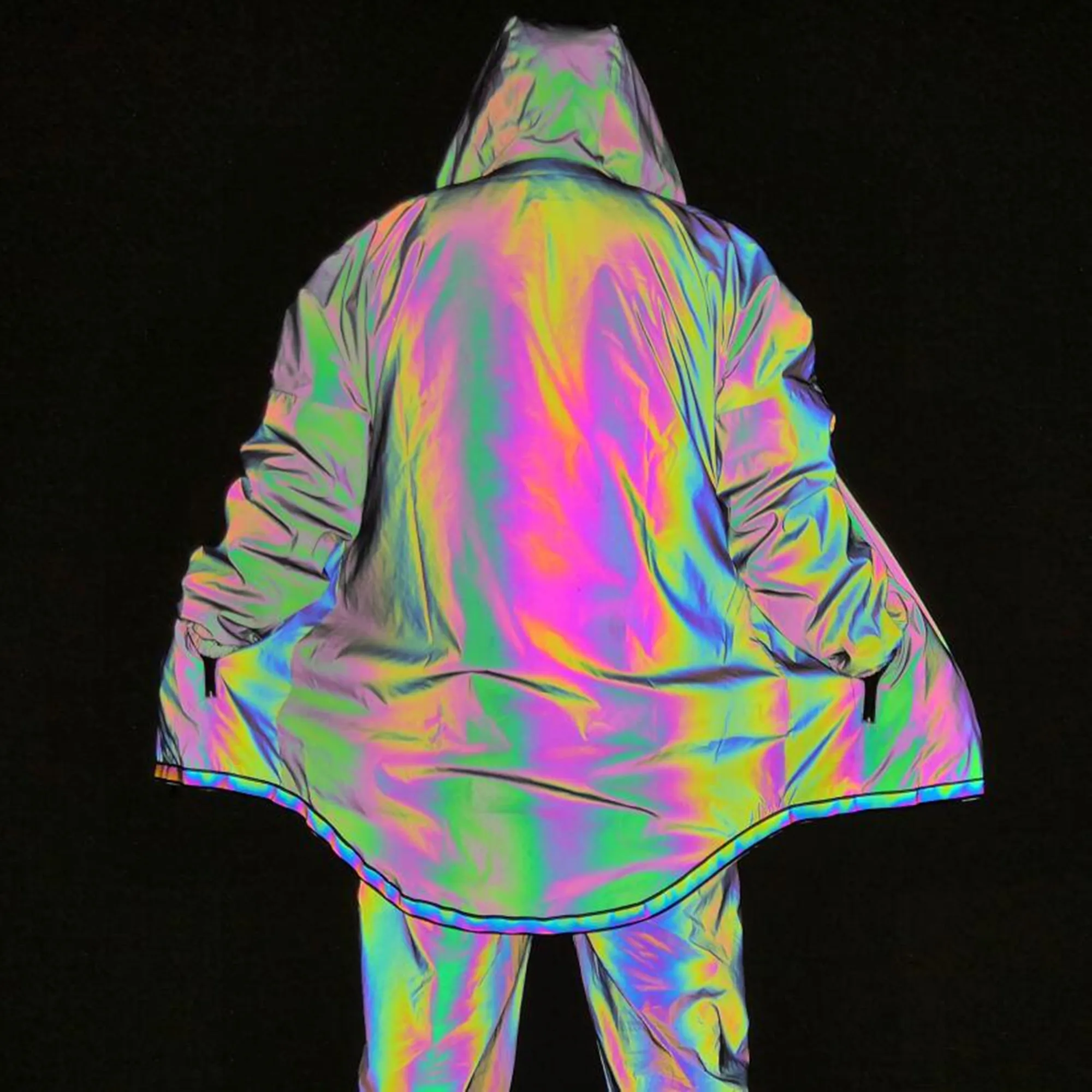 Holographic Men’s Geometric Reflective Rave Rainbow Long Jacket Reflect Light Casual Hooded Coat Outfit