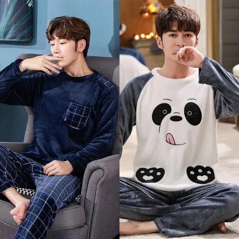 Two Piece Men Autumn and Winter Warm Flannel Pyjamas Sets Blue Long Sleeve Elastic Sleepwear Solid Soft Casual O-Neck homewear