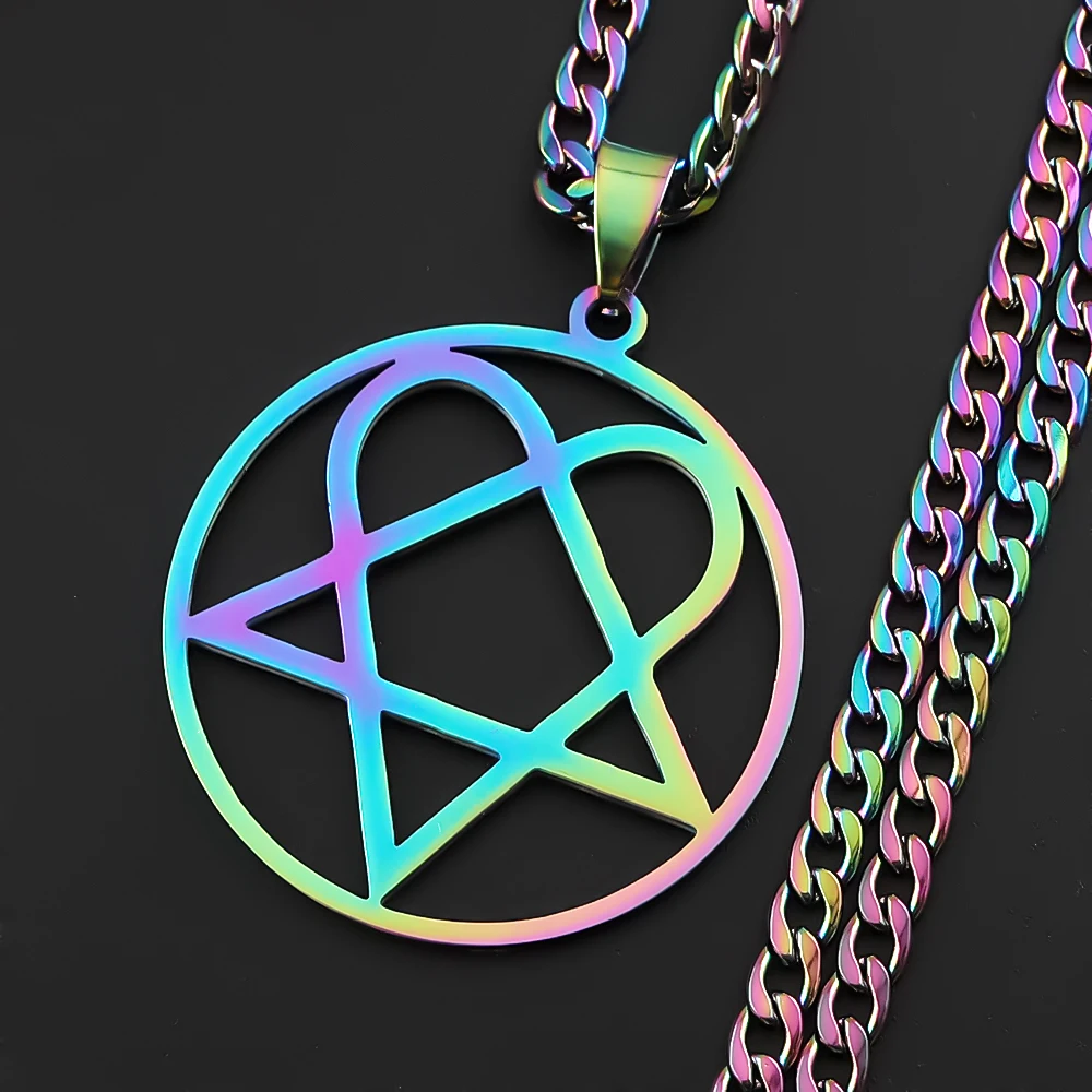 Heartagram Him Band Pentagramm-Halskette für Männer und Frauen, Gothic-Herz, Regenbogenfarben, Edelstahl, Panzerkette, Punk-Musik-Schmuck – Detail 4