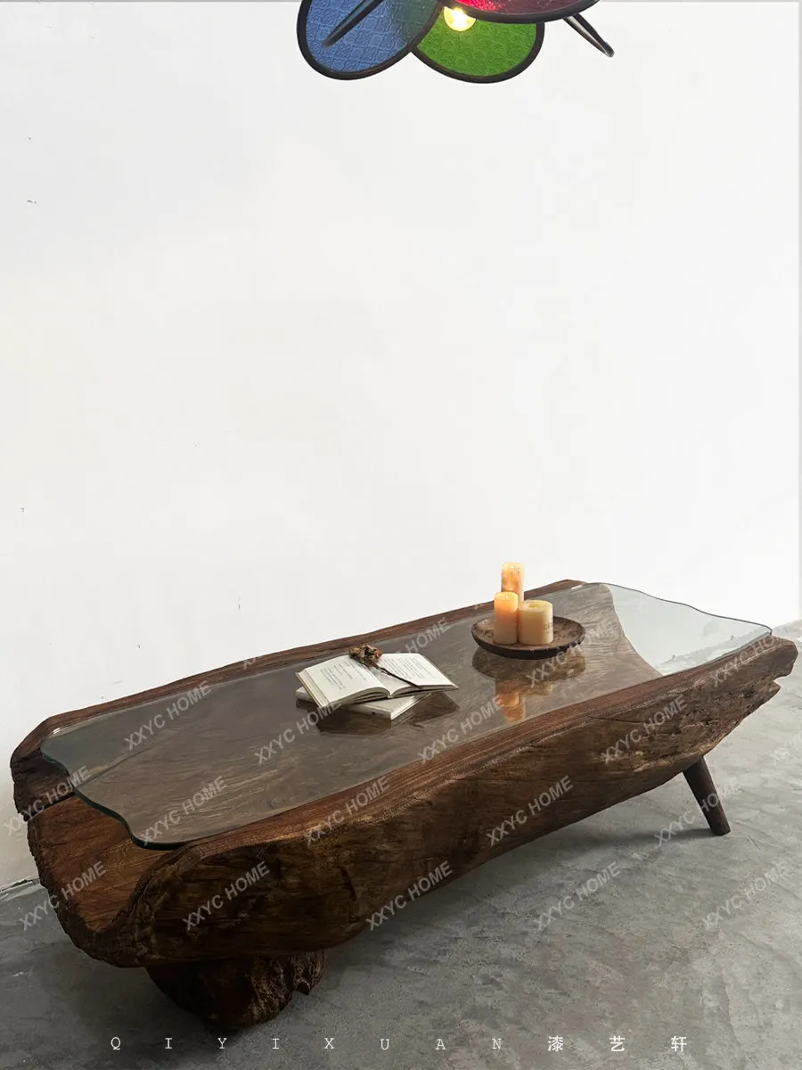 Wabi Sansan wind all solid wood special-shaped glass tea table living room home solid wood coffee table B & B balcony l