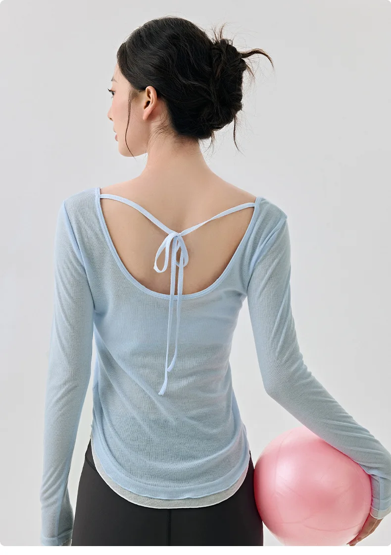 Leichte, leicht transparente Yoga-Tops für Damen, Herbst, locker geschnitten, Fitness-Gym, langärmeliges Sport-Top, großer U-Ausschnitt, Lauf-Workout-Anzug – Detail 10
