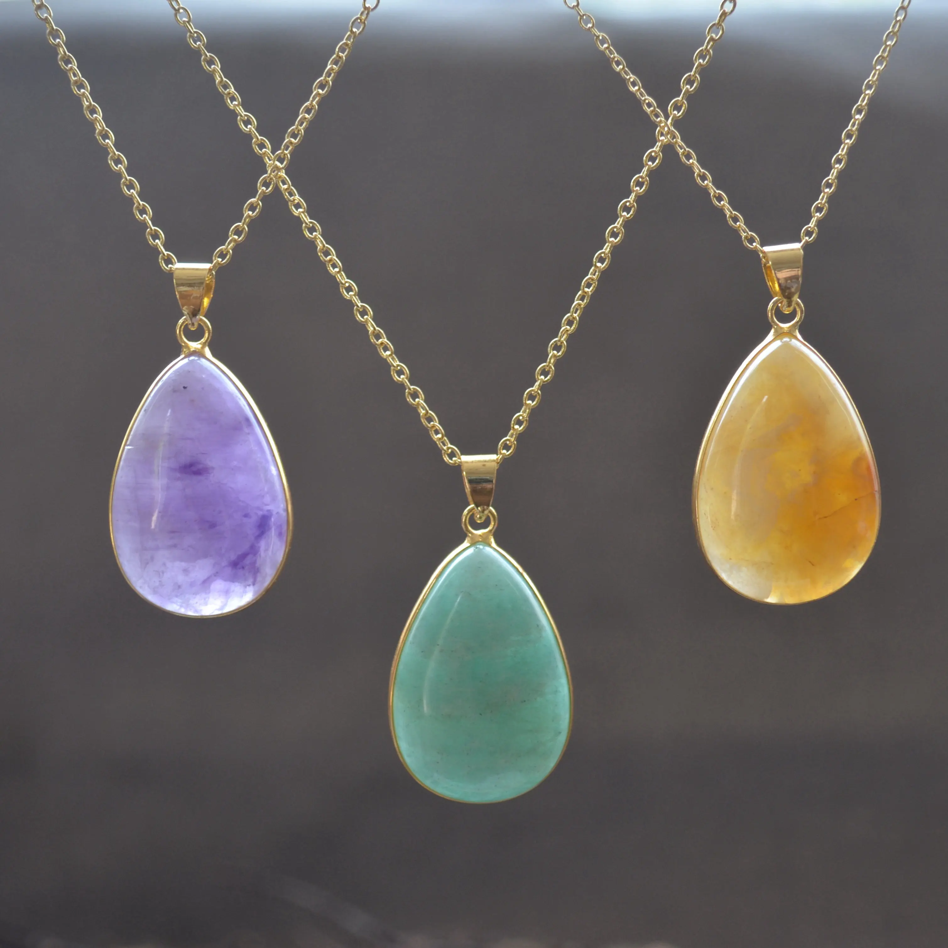 

Nature yellow agate / amethyst / amazonite water drop shape pendant necklace Fashion women jewelry