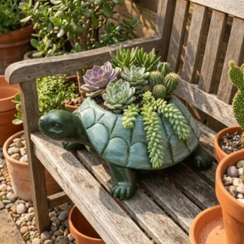 Cute Turtle Shaped Resin Flower Pot, Vintage Green Tortoise Planter for Succulents Home Garden Decor