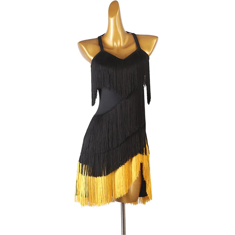 Halter Spaghetti Strap Double Layer Contrast Multi Fringe Irregular Dance Dress For Latin Dance Competition Stage Performance