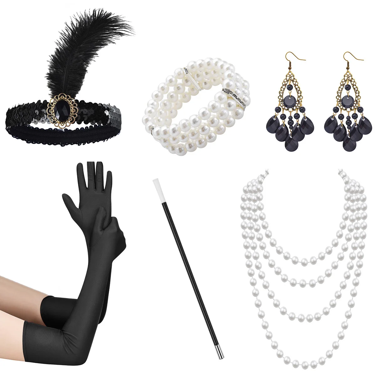 1920 Gatsby Makeup Ball Party Halloween Set Headband Gloves Smoke Rod Earrings Bracelet Necklace Combination