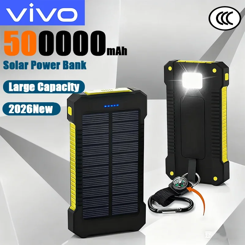 Banco de Energía Solar VIVO de 500000 mAh, Carga Súper Rápida PD22.5W, Batería Externa Portátil para Exteriores, Compatible con iPhone, Huawei, Samsung, Novedad 2026